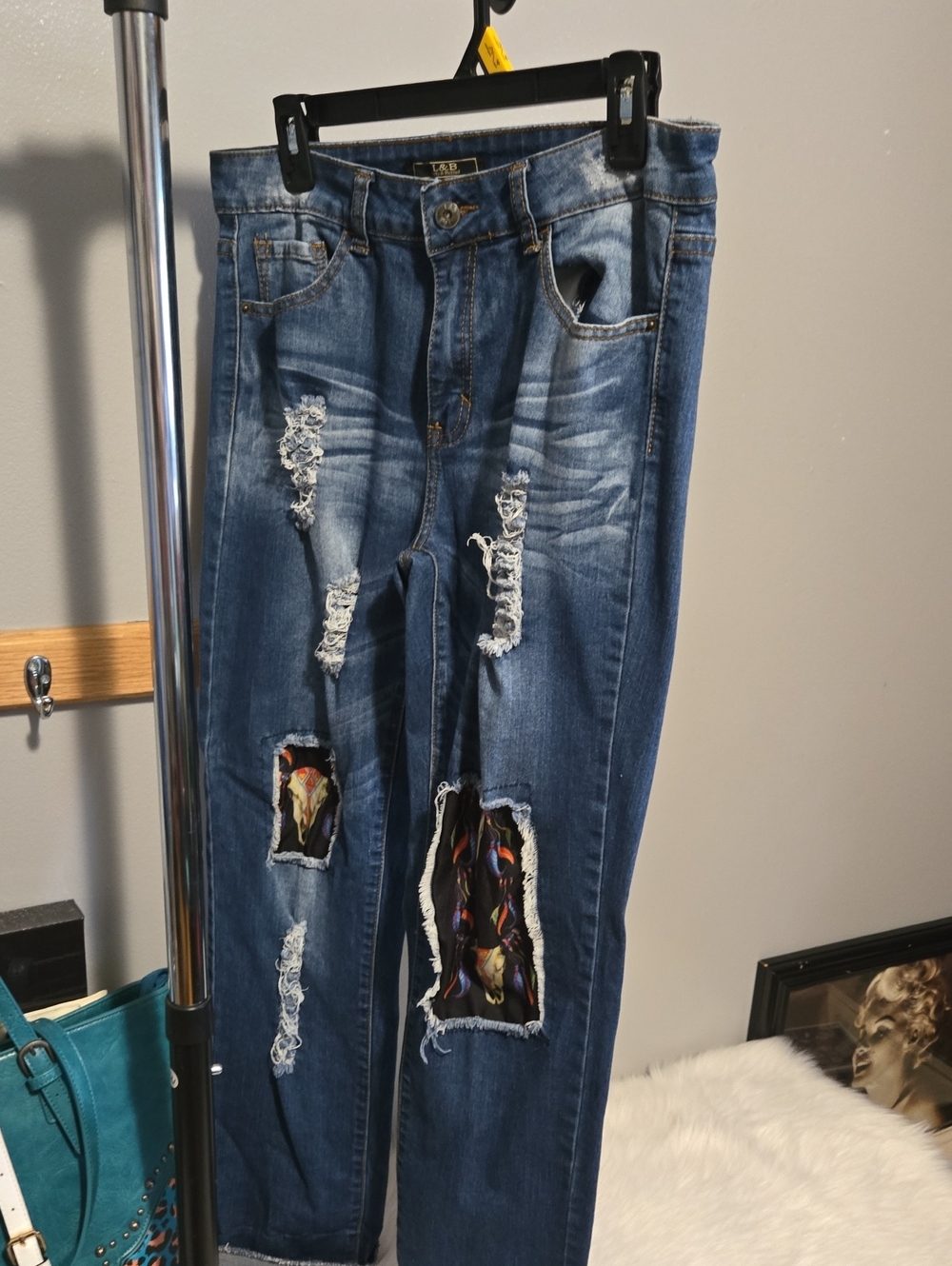 L&B Distressed Blue Boyfriend Jeans with Colorful Steer Patch Panels